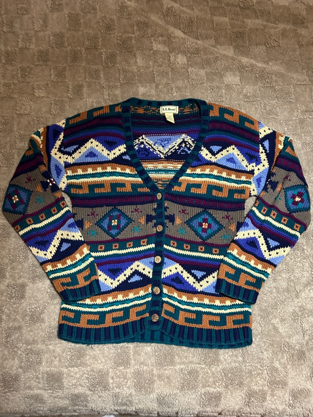 Vintage L.L.Bean 80s Fair Isle Nordic Cardigan Sweater 100% Cotton S
